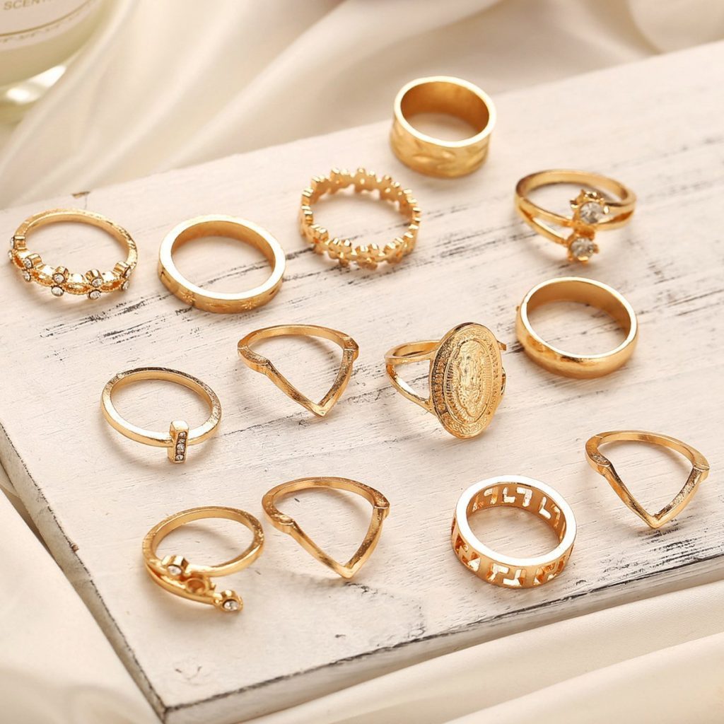 13 Piece Medallion Ring Set With Austrian Crystals 18K Gold Plated Ring ITALY Design 03