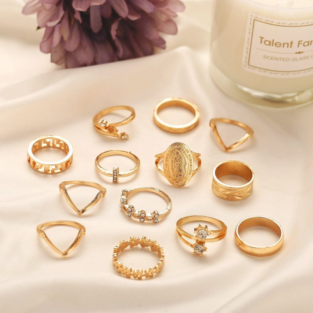 13 Piece Medallion Ring Set With Austrian Crystals 18K Gold Plated Ring ITALY Design 05